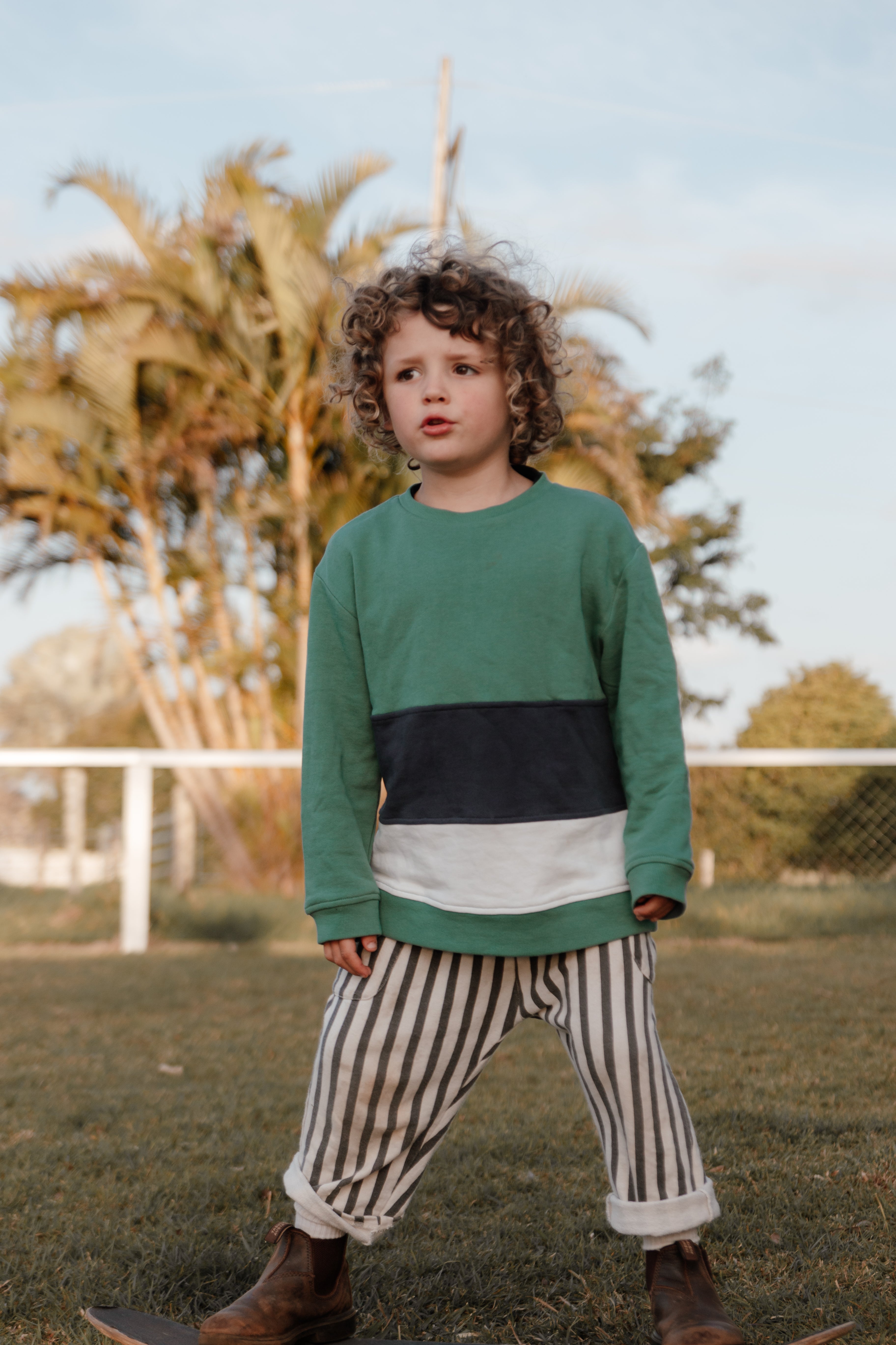 green striped cut and sew jumper